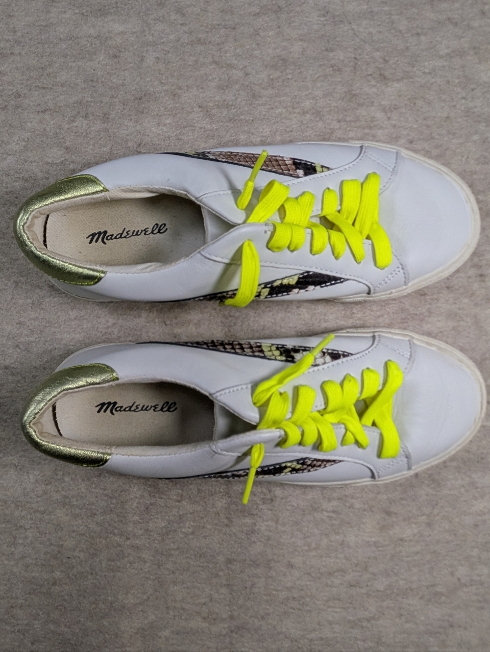 Madewell White Snake Skin Leather Low Top Sneakers Neon Yellow Gold Size W 8.5